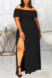 ブラック ファッション カジュアル プラス サイズ ソリッド スリット オフ ショルダー ロング ドレス