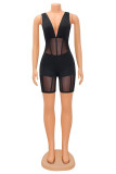 Black Fashion Sexy Solid Patchwork See-through Backless V Neck Skinny Romper