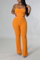 オレンジ ファッション ソリッド パッチワーク スパゲッティ ストラップ ノースリーブ XNUMX ピース