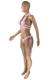Conjunto de tres piezas de trajes de baño sin espalda con vendaje estampado a rayas sexy de moda rosa (sin rellenos)