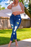 Dunkelblaue, modische, lässige, zerrissene Patchwork-Jeans mit hoher Taille