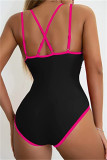 Черный/розовый модный сексуальный однотонный купальник в стиле пэчворк с открытой спиной (с прокладками)