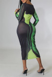 Grönt mode sexigt tryck genomskinliga o-halsade långärmade klänningar