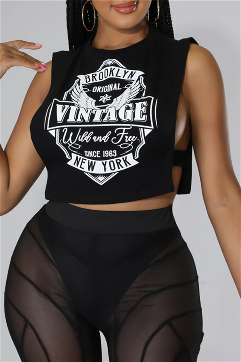 

Black Fashion Casual Print Hollowed Out O Neck Tops