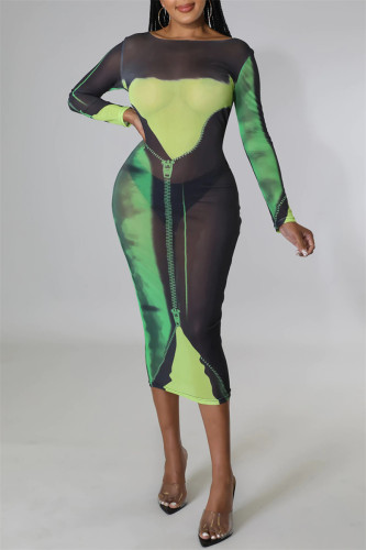 Green Fashion Sexy Print See-through O Neck Long Sleeve Dresses