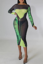 Groene Mode Sexy Print Doorschijnende O-hals Jurken met Lange Mouwen