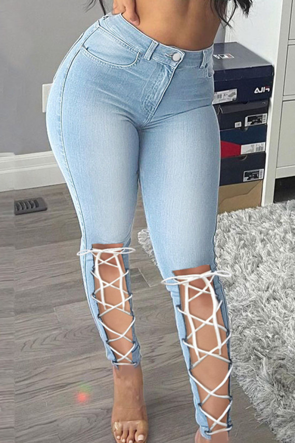 Azul claro moda casual bandagem sólida escavada cintura alta jeans skinny