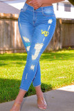 Dunkelblaue, modische, lässige, zerrissene Patchwork-Jeans mit hoher Taille