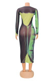 Green Fashion Sexy Print See-through O Neck Long Sleeve Dresses