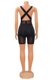 Black Fashion Sexy Solid Patchwork See-through Backless V Neck Skinny Romper