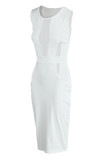 Witte elegante effen patchwork doorschijnende O-hals jurken