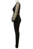 Черный сексуальный сплошной выдолбленный лоскутный косой воротник с длинным рукавом из двух частей