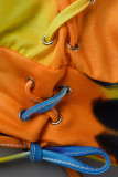 Gelber Casual Print Tie Dye Patchwork Spaghetti Strap Plus Size Zweiteiler