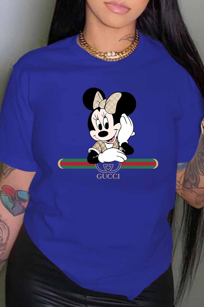 

Blue Fashion Street Character Print Letter O Neck T-Shirts