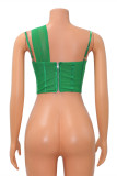 Tops de colarinho oblíquo sem costas sexy moda verde sólido vazado vazado