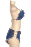 Cadenas de retazos sexy de moda azul sin espalda con cuello en V sin mangas de dos piezas