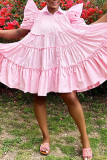 Розово-красные повседневные однотонные платья в стиле пэчворк с пряжкой и отложным воротником