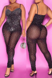 Black Fashion Sexy Patchwork Hot Drilling See-through Backless Spaghetti Strap Skinny Jumpsuits
