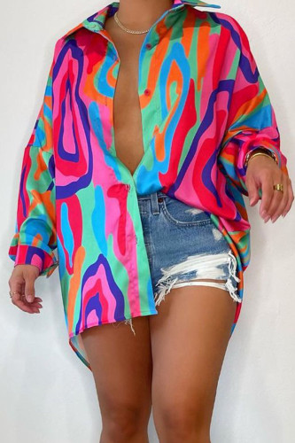 Robe chemise à col rabattu à imprimé décontracté en patchwork de couleur
