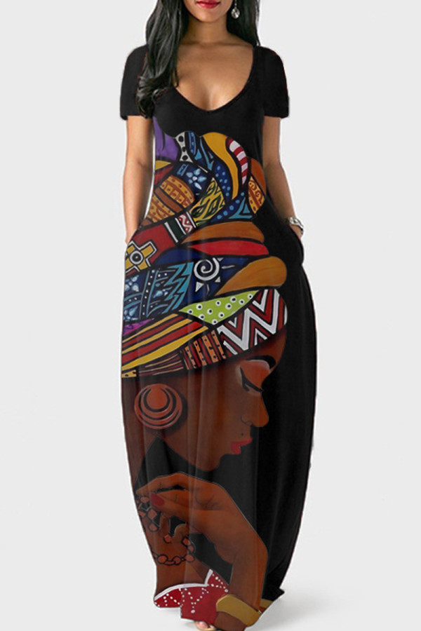 Schwarz-braunes Mode-Druck-Patchwork-Kleid mit V-Ausschnitt und kurzen Ärmeln