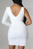 Mode blanche Sexy Patchwork forage chaud évidé robes à manches longues asymétriques col en V