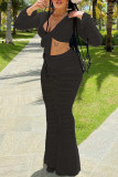 Черный модный сексуальный сплошной бинт в стиле пэчворк с V-образным вырезом и длинным рукавом из двух частей