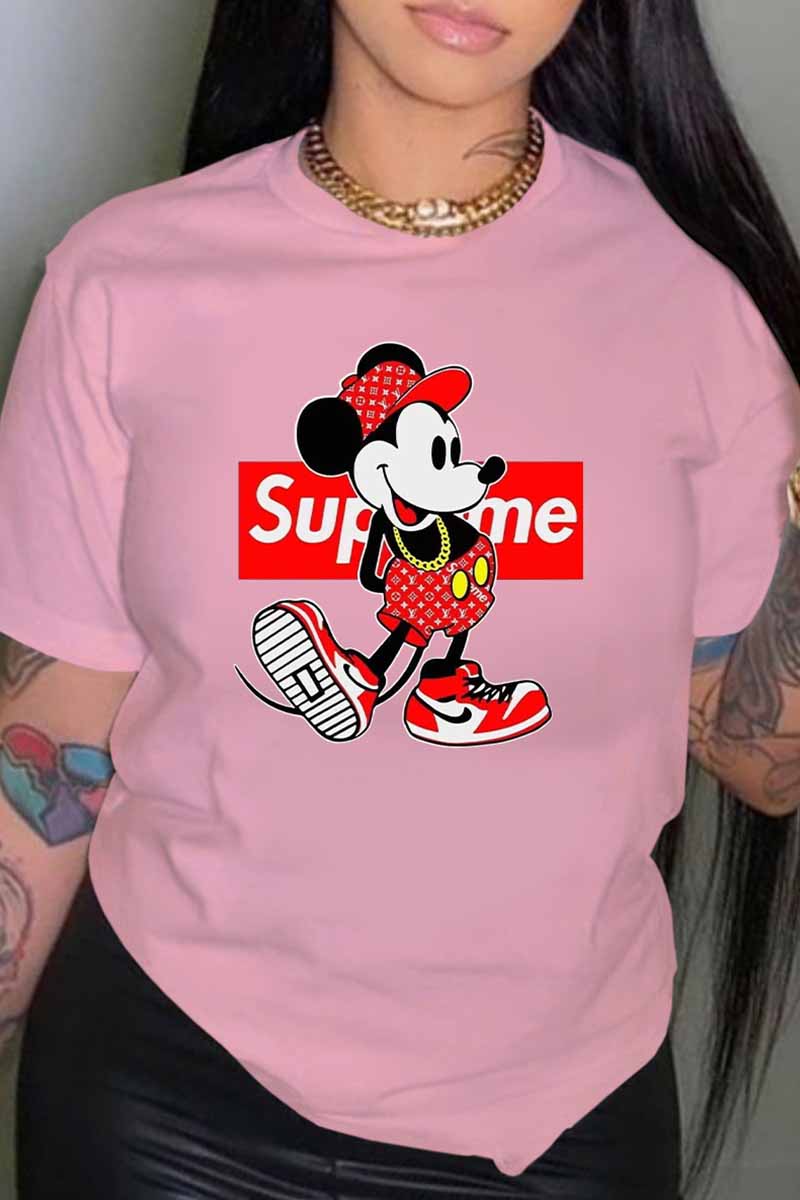 

Pink Fashion Casual Character Print Letter O Neck T-Shirts