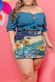 Orange Sexy Print Patchwork Off the Shoulder Plus Size Two Pieces