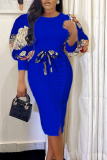 Глубокий синий модный принт в стиле пэчворк с круглым вырезом юбка-карандаш платья