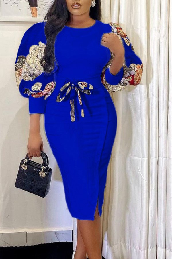 Королевский синий модный принт в стиле пэчворк с круглым вырезом юбка-карандаш платья