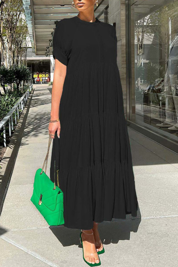Черные повседневные однотонные платья в стиле пэчворк со складками и круглым вырезом