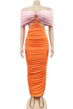 Naranja sexy sólido ahuecado hacia fuera patchwork fuera del hombro lápiz falda vestidos