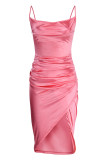 Pink Fashion Sexy Solid Patchwork Backless Spaghetti Strap Sleeveless Dress