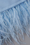 Голубой модный повседневный сплошной пэчворк с перьями и круглым вырезом без рукавов из двух частей