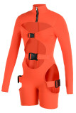 Orange Sexy Solid Patchwork See-through Zipper Collar Skinny Rompers