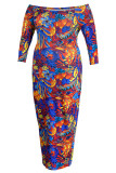 Blauwe mode sexy plus size print backless off-shoulder lange jurk