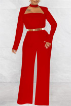 Красный Модный повседневный однотонный комбинезон с круглым вырезом и круглым вырезом (без пояса)