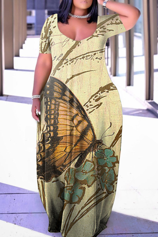 Абрикосовое модное повседневное платье больших размеров в стиле пэчворк с V-образным вырезом и коротким рукавом
