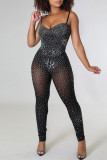 Black Fashion Sexy Patchwork Hot Drilling See-through Backless Spaghetti Band Skinny Jumpsuits