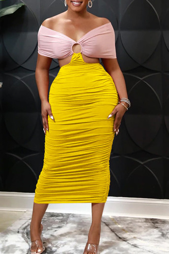 Yellow Sexy Solid Hollowed Out Patchwork Off the Shoulder Pencil Skirt Dresses
