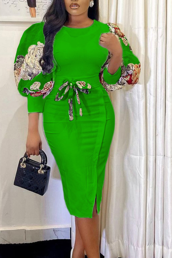 グリーンファッションプリントパッチワークOネックペンシルスカートドレス