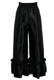Pantalones de color sólido de pierna ancha de cintura alta recta con volantes de retazos informales de moda negro