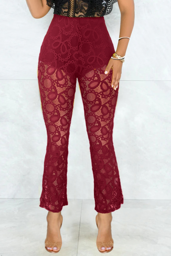 Burgund Sexy Solid Lace Boot Cut High Waist Speaker Solid Color Bottoms