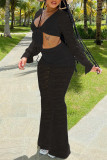 Black Fashion Sexy Solid Bandage Patchwork V Neck Long Sleeve Two Pieces