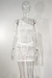 White Fashion Sexy Solid See-through Backless One Shoulder Sleeveless Dress
