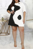ブラックホワイトカジュアルプリントパッチワークOネックストレートプラスサイズのドレス