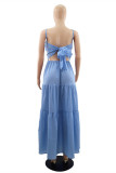 Blue Fashion Sexy Solid Patchwork Backless Spaghetti Strap Long Dress
