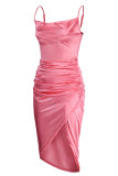 Pink Fashion Sexy Solid Patchwork Backless Spaghetti Strap Sleeveless Dress
