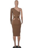 Coffee Sexy Solid Patchwork Oblique Collar One Step Skirt Dresses
