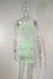 Light Green Fashion Sexy Solid See-through Backless One Shoulder Sleeveless Dress